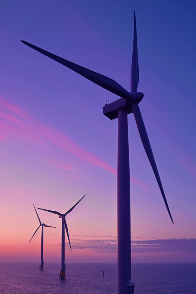 Offshore wind turbines silhouetted against a purple and pink sunset over calm ocean water